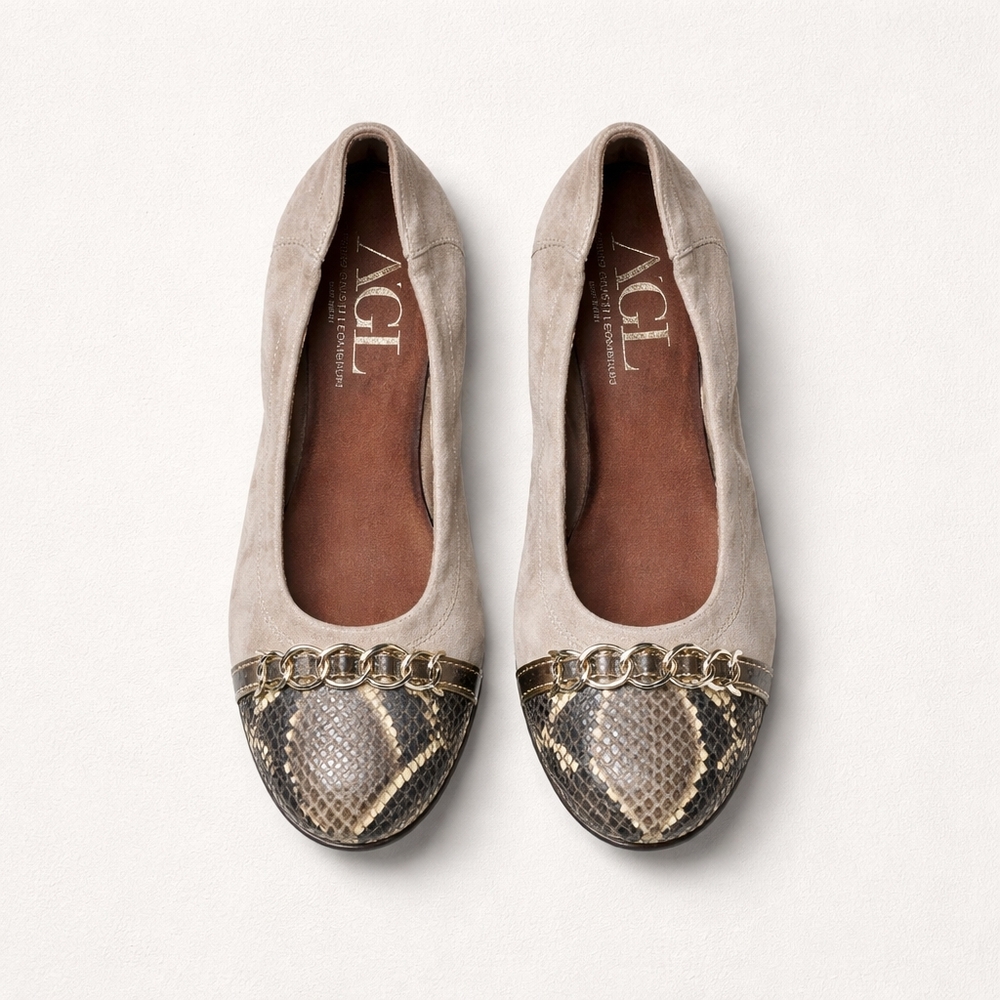 AGL Taupe Suede Ballet Flats with Snake-Print Toe and Gold Chain Trim